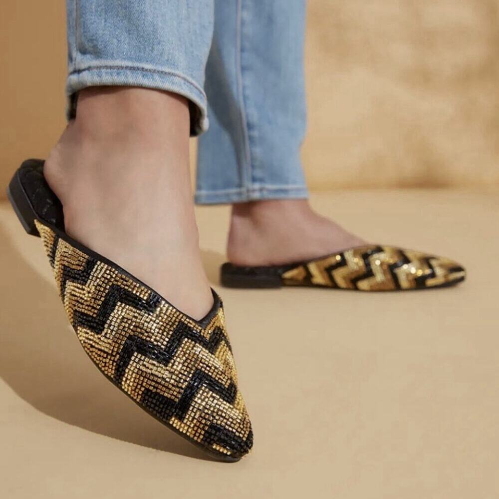 Birdies Swan Mule Black and Gold Deco Beaded Chevron Satin Flats Size 9 Holiday